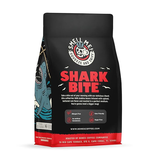 Bones Coffee Company Shark Bite, Buttered Rum Flavored Coffee, Medium Roast Low Acid Arabica Beans Compatible with Auto drip and French Press Coffee Maker, 12 Oz Ground