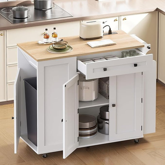 Kitchen Island with Storage, Mobile Rolling Cart with Trash Can Storage, Kitchen Island on Wheels, Rolling Island Table with Charging Station, Paper Holder, for Kitchen, White ZD02UWN
