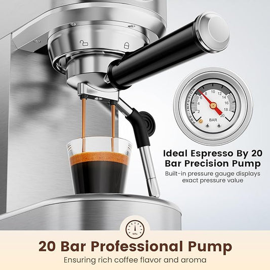 Espresso Machine 20 Bar, Compact Espresso Maker, Stainless Steel Professional Expresso Coffee Machines with Steam Milk Frother & 34oz Removable Water Tank for Home & Office, Latte, Cappuccino, Silver