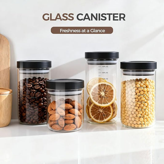 Danbark Set of 3 42oz Airtight Glass Storage Canisters with Lids - Pantry Organizers and Storage Glass for Kitchen - for Pantry, Flour, Sugar, Coffee, Tea, Pasta, Rice, and Snacks - Black