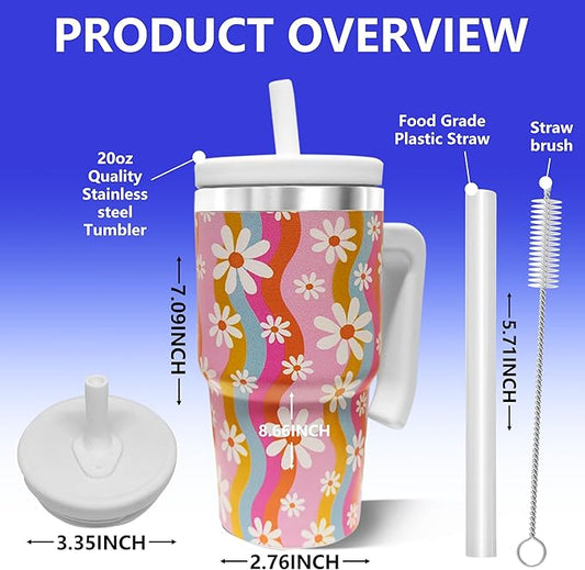 2PCS 20-OZ Insulated Water Bottle,Insulated Stainless Steel Tumbler,Reusable Cold Drink Thermos,BPA-Free, Double-Wall Stainless Steel Water Bottle (Pink-Rainbow Flowers, 20, Fluid Ounces)