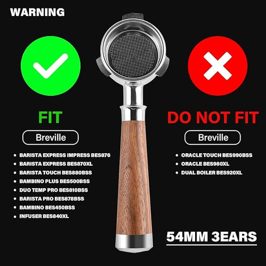 Espresso Portafilter | 54mm Bottomless portafilter with 3 Ear | Suitable for 54mm Breville/Sage Barista Espresso Machine | with Walnut Handle and Stainless Steel Single Wall Basket