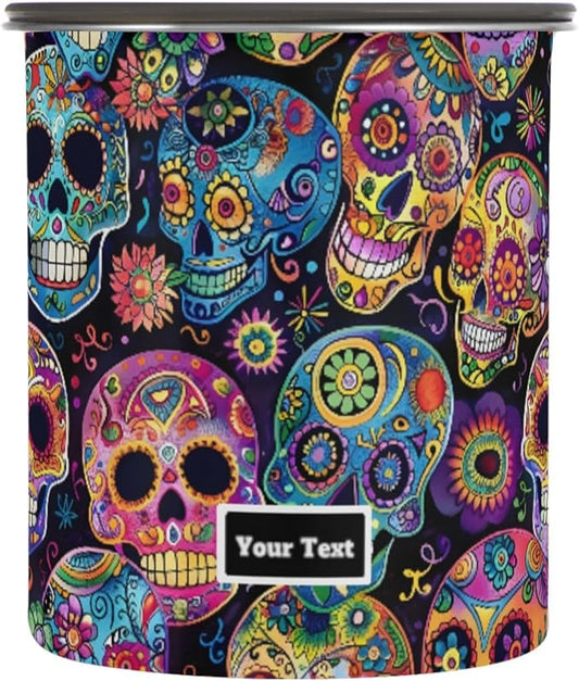 ALAZA Sugar Skulls Day Of Dead Airtight Coffee Bean Canister Customed 500ml Food Storage Containers with Lids For Gournd, Tea, Sugar, Flour, Rice, Cereal, Candy Cookie Jar