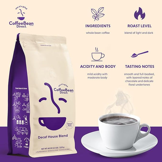 Coffee Bean Direct Decaf House Blend, Whole Bean Coffee, Mixed Roast Level, 2.5 Pound Bag (Pack of 1)