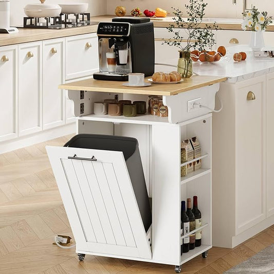 HOOBRO Kitchen Island with Trash Can Storage, Island Table with Drop Leaf Countertop, Rolling Kitchen Cart on Wheels, Storage Island with Power Outlet & Spice Rack, White and Natural WN33UZD01