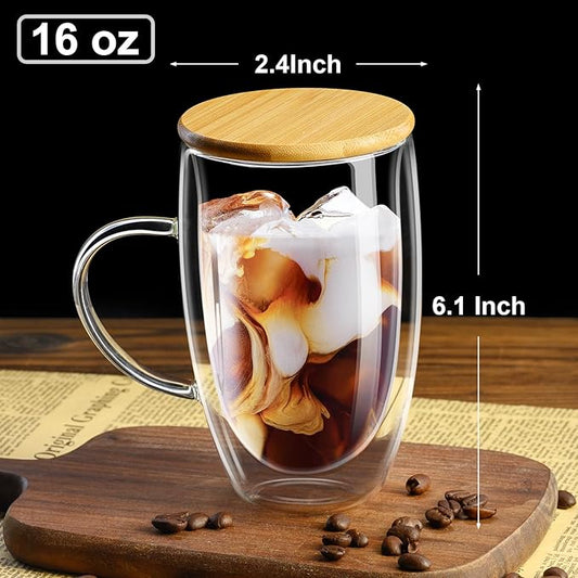 PARACITY Double Wall Glass Coffee Mugs 16OZ with Bamboo Lid/Spoon, Glass Coffee Cups Set of 2 with Handle, Insulated Clear Coffee Mug, Perfect for Latte, Cappuccino, Espresso, Hot Beverage, Tea
