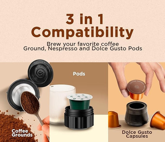 3-in-1 Portable Coffee Maker – Electric Espresso Machine for Travel – Compatible with Ground Coffee, NS & DG Capsules – USB-C Rechargeable Portable Espresso Maker (Green)