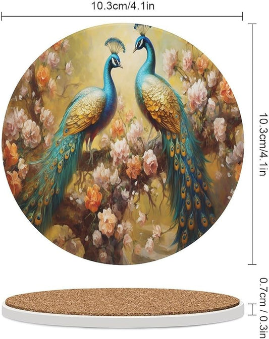 Peacock Drink Coasters, Round Ceramic Drink Coaster Round-4PCS, Vintage Art Beautiful Plant Floral Green Peacock Decor Absorbent Ceramic Coasters for Beverage Cup, Bar, Coffee Table