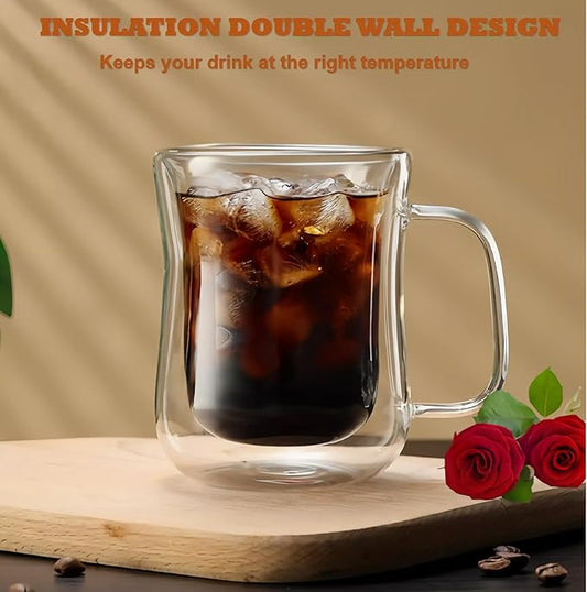 Double Walled Glass Coffee Mugs with Handles, 10 oz Clear Borosilicate Glass Slim Body Coffee Cup for Cappuccino, Tea, Latte,Milk,Wine, Hot and Cold Drinks