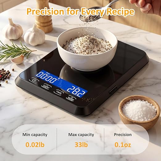 Food Scale, 33 lb / 0.1 oz High Precision Kitchen Scale for Sourdough Bread, Built-in 7 Units, Timing & Tare Function, Rechargeable Digital Kitchen Scale for Food, Baking, Cooking