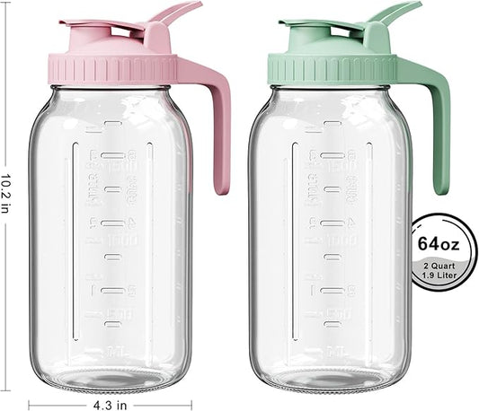 2 Pack - 64oz Glass Breast Milk Pitcher with Lid & Spout, Leakproof Mason Jar Breastmilk Pitcher - Wide Mouth, Airtight 2 Quart Water Jug for Milk Storage, Breastmilk, Sun Tea, Iced Coffee, Juice