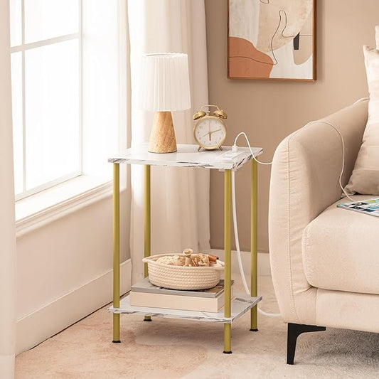 HOOBRO Side Table with Charging Station, End Table with USB Port and Outlet, Nightstand with 2-Layer Storage Shelves for Small Spaces, Living Room, Bedroom, Stable Frame, Gold and Marble DM09UBZ01