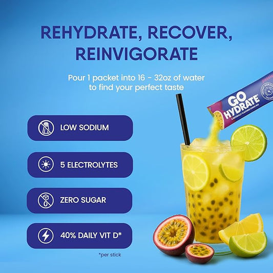 GoHydrate Low Sodium Electrolytes Powder Packets Sugar Free - Instant Hydration Daily Drink Mix - Zero Sugar Water Flavor Packet Singles with Vitamin D - (Passion Fruit, 30 Packs)
