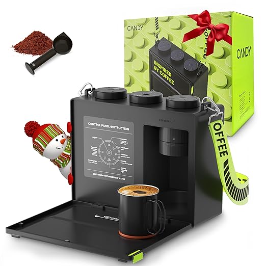 CANDY Portable Espresso Machine with Strap, 3 in 1 Coffee Maker, One-Touch Operation, Rechargeable Cold Brew Up to 60 Cups, for Ground, Ideal for Camping, RV & Outdoor, Home, Heating in Plug-in Mode