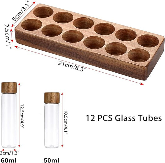 JUXYES Set of 12 Single Dose Coffee Bean Storage Tubes with Wooden Stand and Lids, Dosing Glass Vials for Coffee Storage, Coffee Bean Container Cellars, Espresso Bean Canisters Set, 2 fl oz, 1.7 fl oz