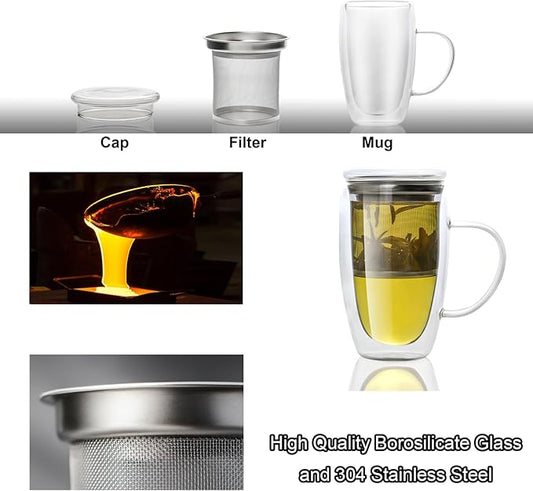 Double Wall Glass Tea Mug with Infuser and Lid, 14 oz / 400 ml Borosilicate Glass Tea Cup with 304 Stainless Steel Fine Mesh Infuser, Durable Insulated Tea Cup, Gift for Tea Lovers