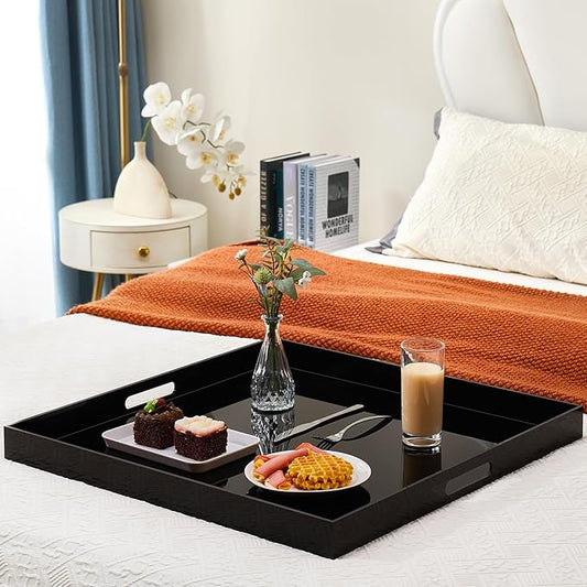 20×18 inches Oversized Black Acrylic Ottoman Tray Extra Large Decorative Tray Spill-Proof Serving Trays with Handles King-Size Safe Edge Organizer for Coffee Table Countertop Breakfast