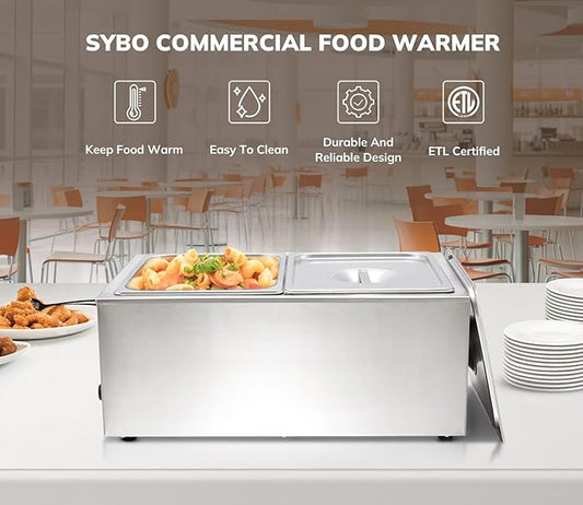 SYBO Commercial Grade Stainless Steel Bain Marie Buffet Food Warmer Steam Table for Catering and Restaurants (2 Sections)