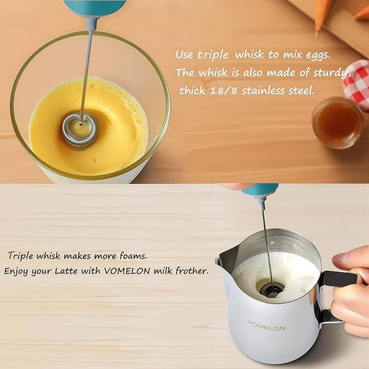 Milk Frother Handheld, Battery Operated Coffee Foamer Drink Mixer with 2 Stainless Steel Electric Whisks for Coffee, Latte, Cappuccino, Hot Chocolate, Protein, Batteries Included, Light Blue