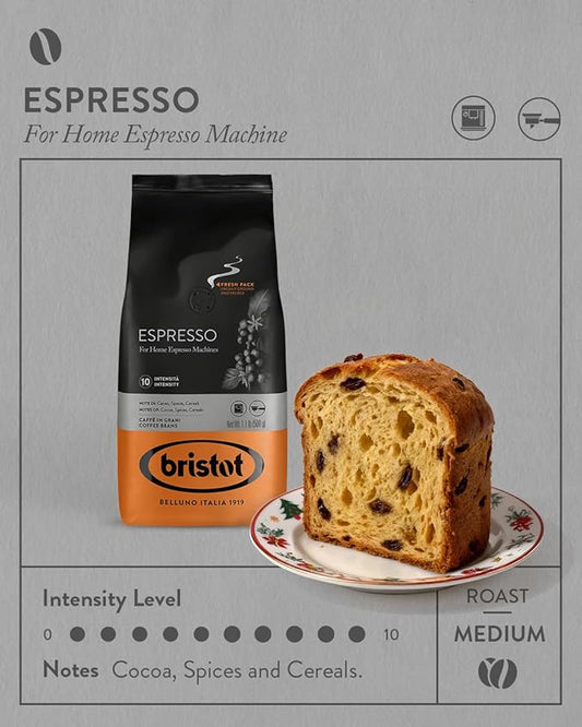 Bristot Italian Espresso – Medium Roast Coffee Beans for Espresso Machines – Rich Aroma of Cocoa, Spices & Cereals – 1.1 lb (500 g)