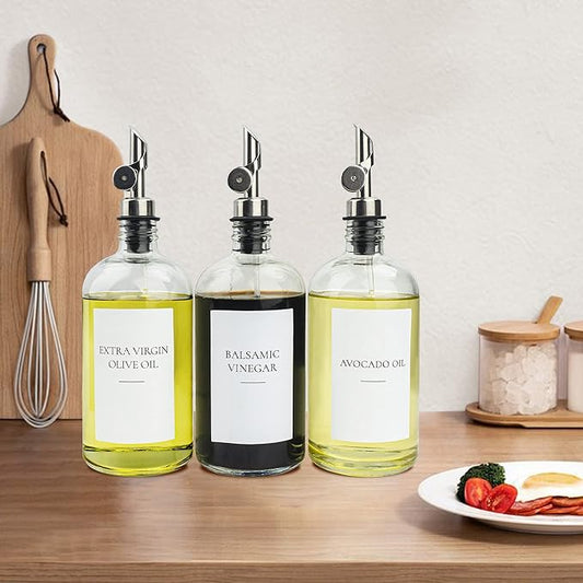 3PCS Oil Dispensers with Labels 16.23oz Kitchen Cooking Glass Bottles Containers with 304 Stainless Steel Automatic Pump Heads Anti-Corrosion & Rustproof