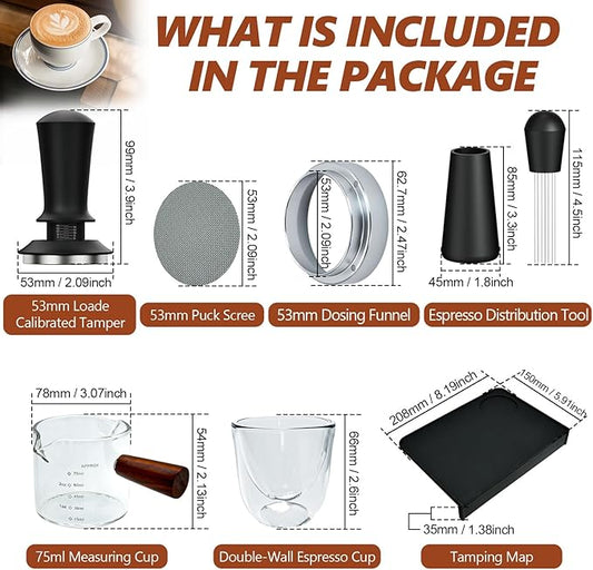 7 Pcs 53mm Espresso Accessories Kit, Spring Loaded Calibrated Tamper, WDT Tool, Coffee Measuring & Espresso Cup and Tamper Mat, Puck Screenr & Dosing Funnel, Fit 53mm Espresso Machine Accessories