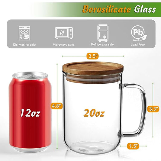 DRASTAR Glass Coffee Mugs, 20 oz Large Iced Coffee Cups, Flat Bottomed Cups with Acacia Wood Lid, Glass Tea Cup with Handle, Clear Tea Cup Set of 1
