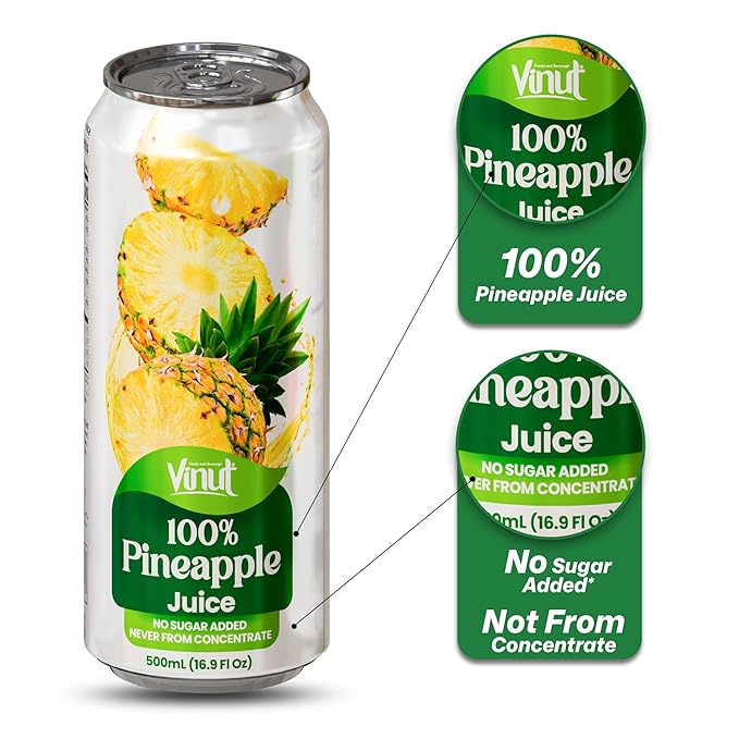 VINUT 100% Pineapple Juice, No Added Sugar, Not From Concentrate, 16.9 fl oz (500 mL) Can, Pack of 12