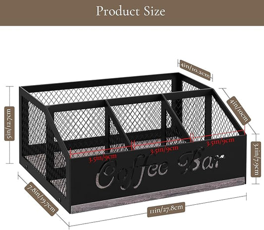 BCOZLUX Coffee Bar Organizer for Countertop, Wooden Counter Station Organizer with Metal Mesh Basket, Coffee Bar Accessories Decor for Pods Condiment Syrup Tea Sugar, Gray