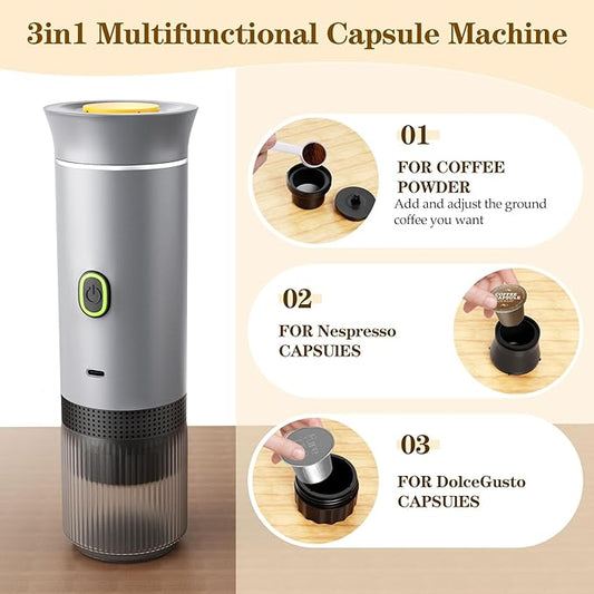 Portable Coffee Maker, Espresso Machine for camping, Travel Coffee Maker with USB-C, 3-in-1 Small Espresso Machine with Ground Coffee & Capsules (NS&DG) for RV, Hiking, Office(Silver)