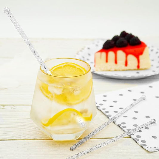 100-PCS Silver Glitter Plastic Swizzle Sticks, Crystal Cake Pops, Cocktail Coffee Drink Stirrers, Stir Sticks, 7.24 Inch