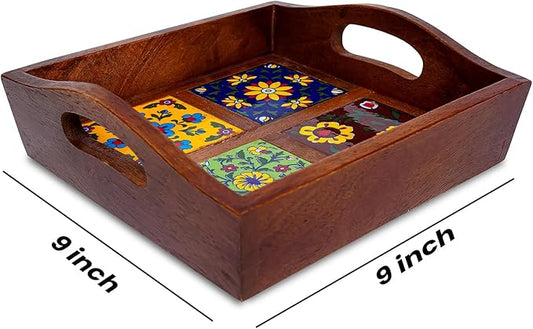 Craft Trade Mango Wood Serving Tray with Handle and 4 Fitted Floral Ceramic Tiles Wooden Platters Perfect for Breakfast Tea Coffee Snacks Dinner 23x23x8 cm Square