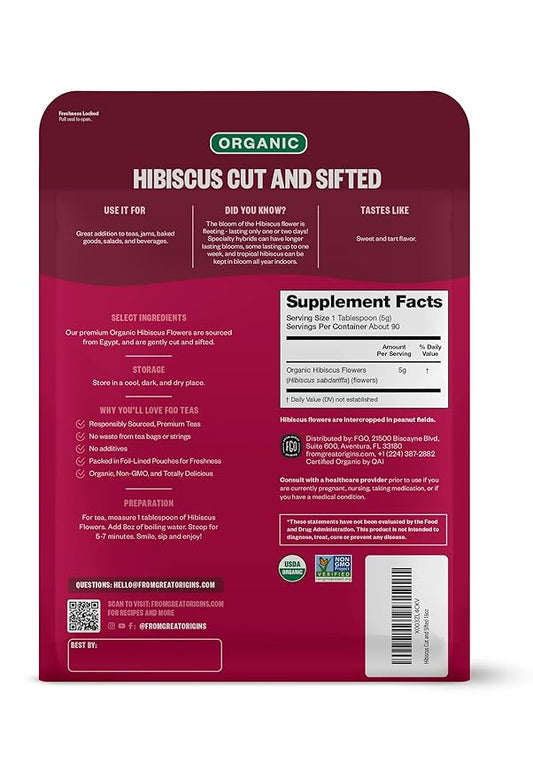 FGO Organic Hibiscus Flowers, Cut and Sifted, 16oz Bulk Resealable Bag, Packaging May Vary (Pack of 1)