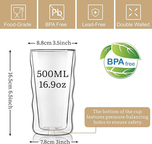 Joeyan Double Walled Insulated Tumbler,15 oz Beer Cocktail Glass Cups Highball Drinking Glasses,Double Lined Borosilicate Smoothie Hot Beverage Tea Coffee Glassware,Set of 2