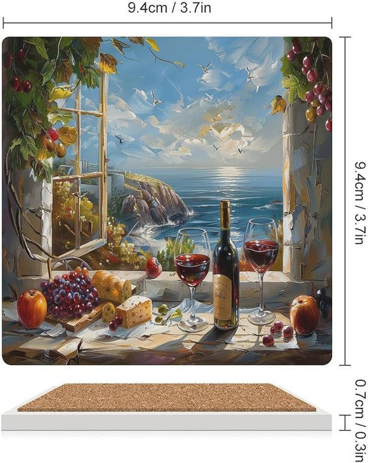 Square-4PCS Red Wine Drink Coasters, Square Modern Ceramic Absorbent Coasters, Oil Painting Style Red Wine Grapes Sea Scenery Decor Desk Coffee Table Coaster for Beverage Cup Tea Coasters