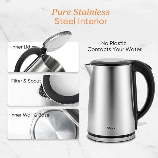 Cosori Electric Kettle, No Plastic Inner Lid, Filter & Spout, Stainless Steel Tea Kettle, Automatic Shut Off & Boil-Dry Protection, Durable Tea Kettle Boiler & Heater, 1.5L/1500W, Silver