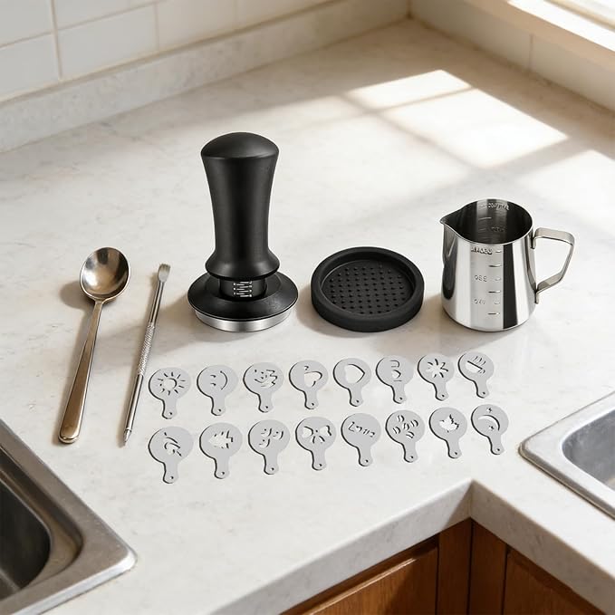 Espresso Tamper Set with Milk Pitcher, Coffee Art Pen, Stirring Spoon, Tamper Mat & 16 Stencils - Barista Tools Kit for Latte Art & Espresso Making (6 SET)