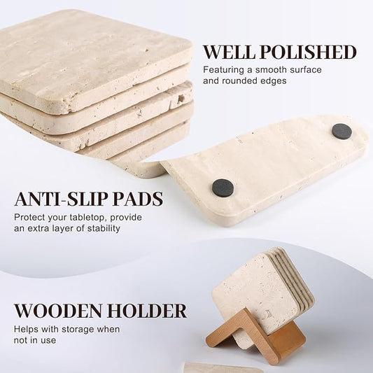 Koville Travertine Coasters Set of 5, Square Coasters with Holder for Drinks, 4" Cup Coaster for Coffee Table Home Office Bar Decor, Heat Resistant Natural Stone Drink Coaster(Beige)