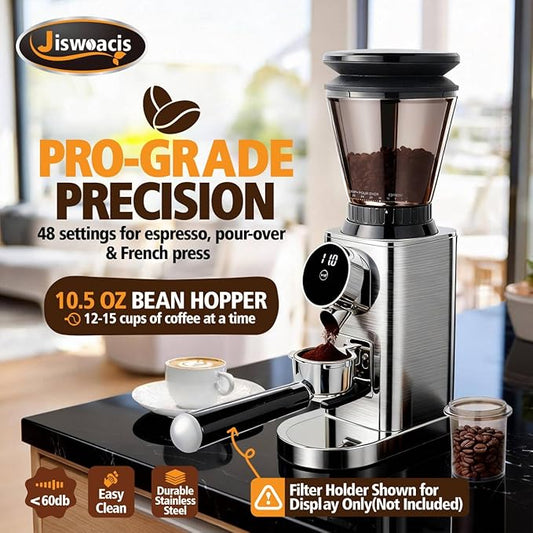 Burr Coffee Grinder, Electric Conical Coffee Bean Grinder With 48 Grind Settings Anti-static Burr Mill, Precision Electronic Timer, for Espresso/Drip/Cold Brew/French Press, Stainless Steel, Silver