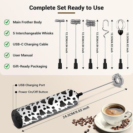 Milk Frother Handheld Rechargeable - 2-Speed Electric Whisk with 5 Detachable Heads (Frother/Mixer/Whisk) for Coffee, Latte, Cappuccino & Matcha, Drink Mixer (Flower 15)