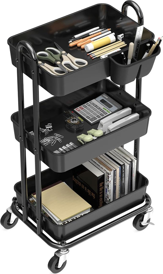 Simple Houseware 3-Tier Rolling Coffee & Utility Cart with Hanging Bucket | Black Metal Storage Organizer