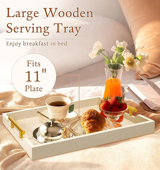 Ottoman Tray for Coffee Table & Couch, Large Wooden Serving Tray with 2 Set of Handles - Modern Farmhouse Rectangle Decorative Tray for Living Room Kitchen Includes 4 Coasters, Off-White/Cream
