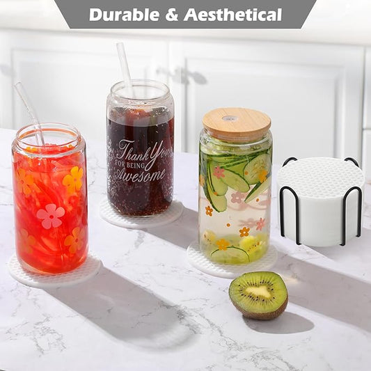 Coasters Set of 6 with Holder,Coasters for Drinks,Coffee Table Decor Coaster,Suitable for Kinds Cups,Anti-Slip,Non-Stick,Silicone Cup Coaster and Living Room Decor (6 Pcs, White)