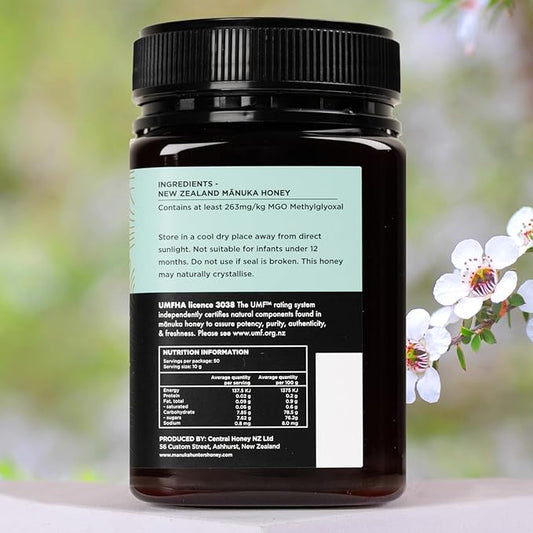 Manuka Hunters UMF 10+/MGO 263+ Certified New Zealand Manuka Honey - 100% Pure Natural Sweetener - Gluten, Dairy Free - Ideal for Tea, Coffee, Smoothies, and Baking - Sustainable - 1.1lb/500g Jar