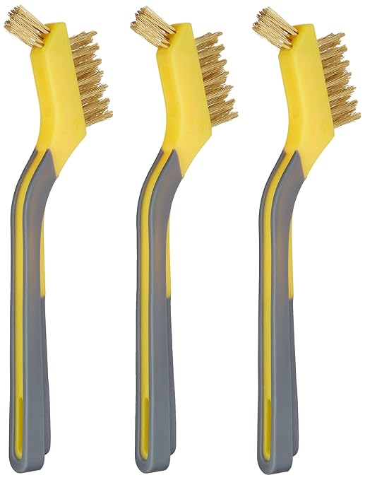 Amazon Basics Brass Mini Brushes for Cleaning, Soft Grip, 1/2 inch, Yellow/Grey, 3-Pack