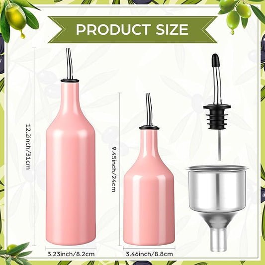 Set of 2 Ceramic Pink Olive Oil Dispenser Bottle for Kitchen with Stainless Steel Spout Large Capacity for Storage of Oil, Vinegar, Coffee Syrups & Other Liquids