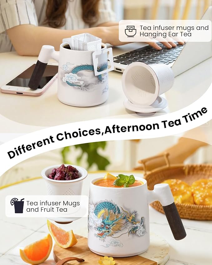 Porcelain Tea Cup with Infuser and Lid,Ceramic Tea Mug for Loose Leaf,Tea Strainer Cup with Wood Handle,Chinese Dragon White Cup,All Ceramic Infuser,BPA-Free for Tea Lovers/Birthday/Valentine's Day