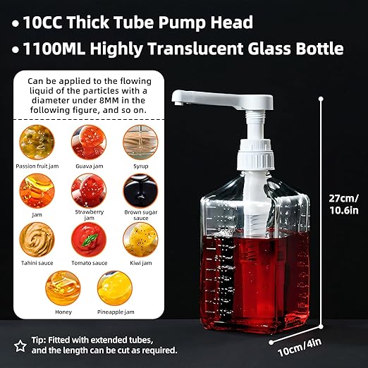 Large Capacity Syrup Dispenser for Coffee Bar, 37oz 1100ml Glass Syrup Bottle w Measuring Cup and Funnel, Dispenser Bottle w Upgraded Pump
