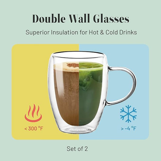 Double Wall Glasses, 12 OZ Insulated Cups with Handle, Perfect for Tea, Coffee, Water, and More (Set of 2)