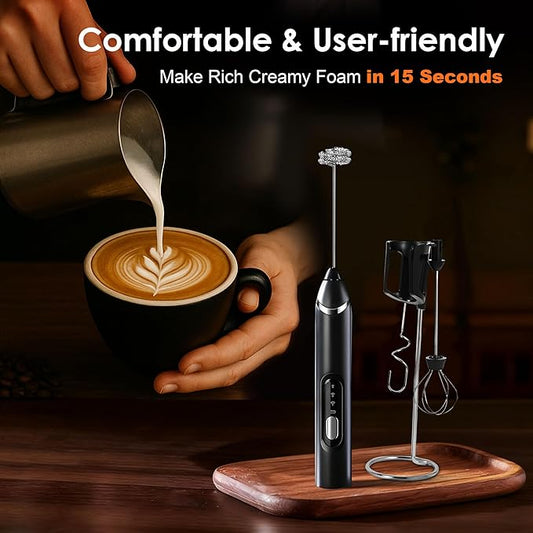 Milk Frother Handheld with Stand,Rechargeable Coffee Frother Wand with 3 Detachable Stainless Steel Whisk Heads, Hand Electric Mixer for Latte, Cappuccino,Matcha,Protein(Black)